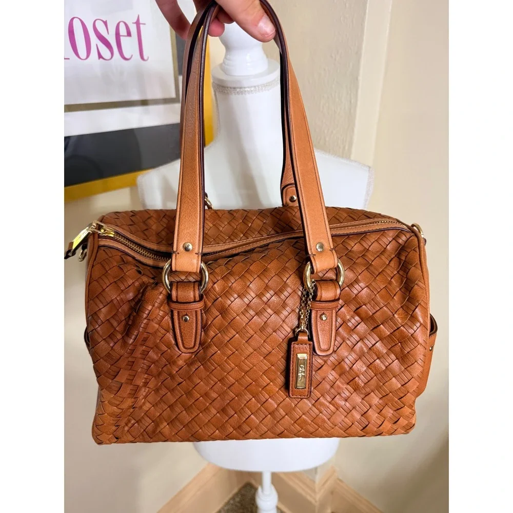 Cole Haan Tan Woven Leather Satchel Handbag Gold Hardware Cognac Shoulder Bag